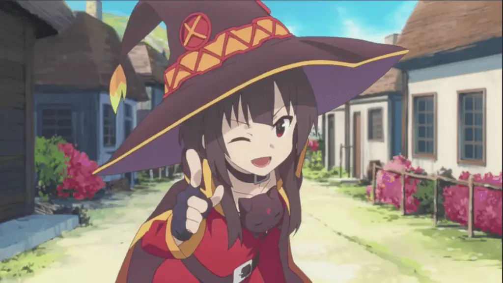 Girl wearing cone shaped hat and blinking her one eye