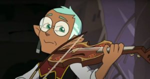 an animated character playing violin