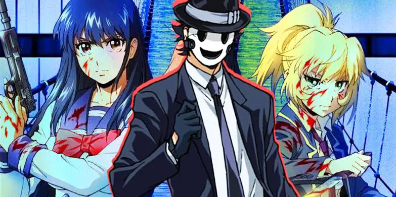 Two characters with a masked man are seen in a frame.