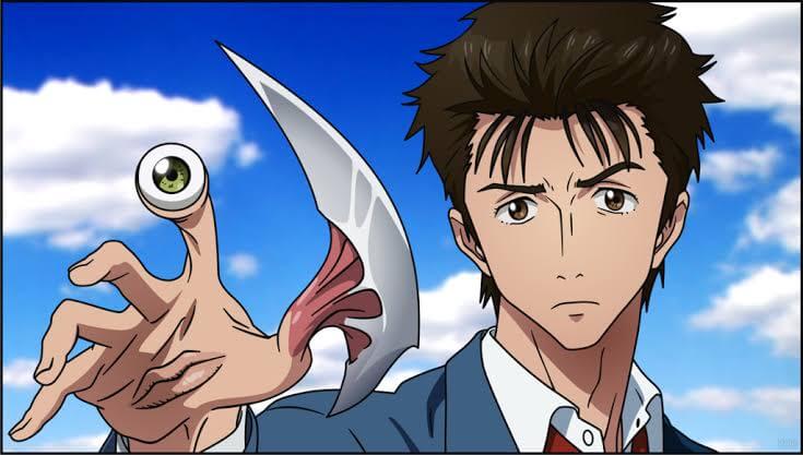 The lead character of the Parasyte: The Maxim seems worried about the parasite on his right hand.