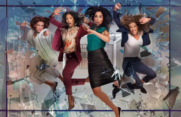 Workin' Moms season 6 release date four ladies in air, jumping.