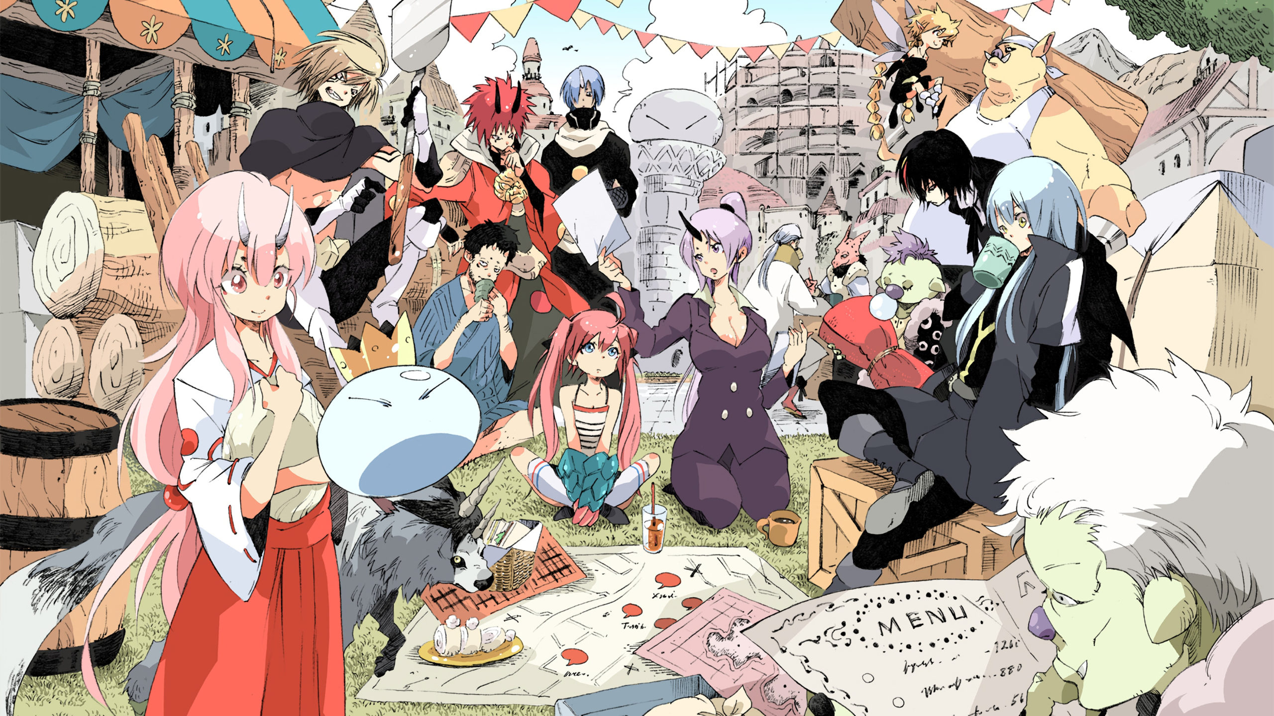 all the main characters in a frame of a market.