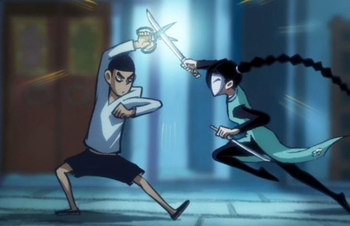 two animated characters fencing