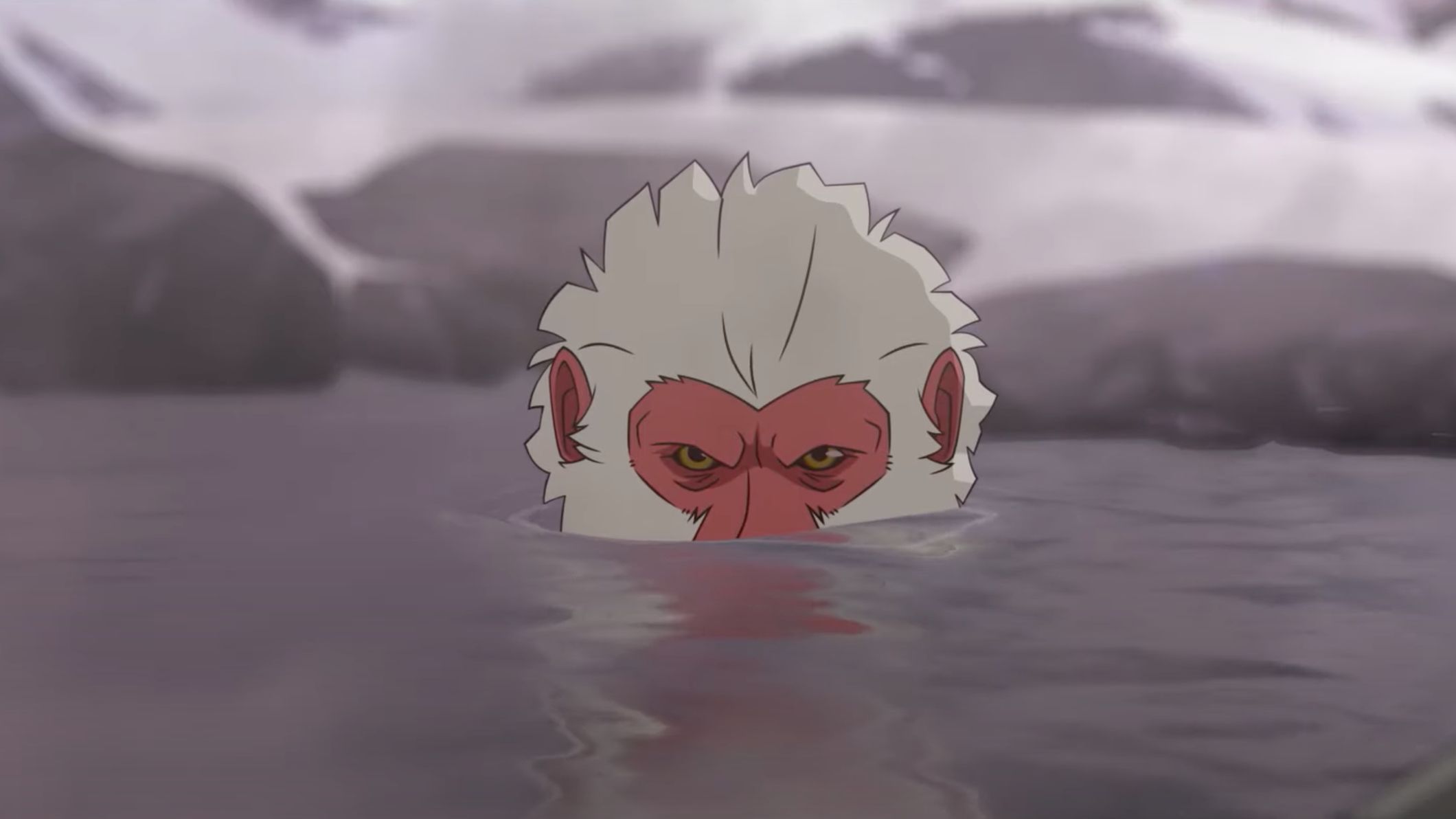 an angry snow monkey in the water