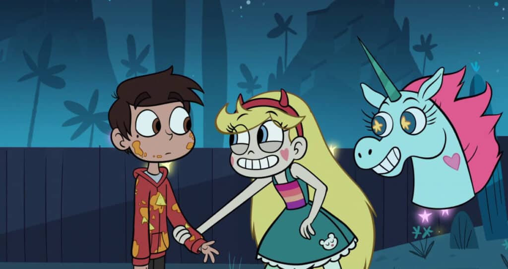 Star is holding the hand of the boy